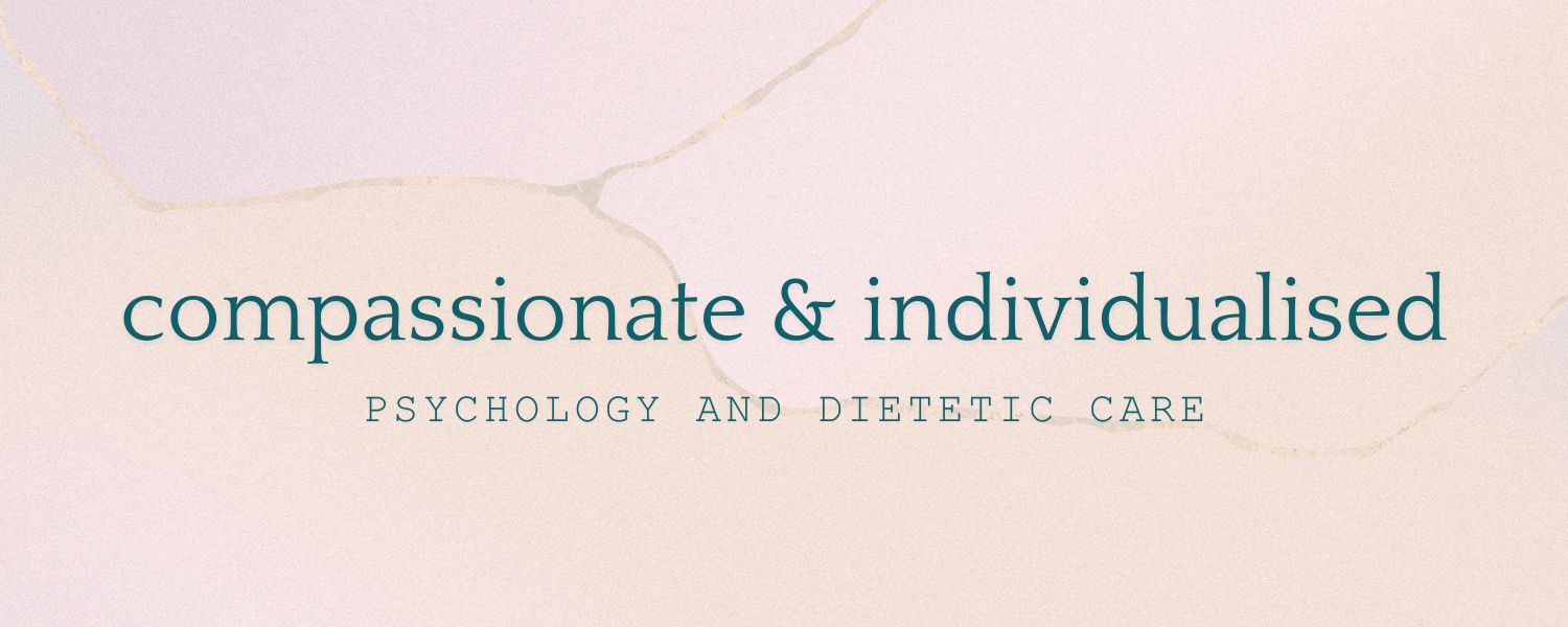 a pink marble banner with green text announcing that Balanced: Mind Body Life psychologists and dietitians provide eating disorder treatment that is individualised and compassionate